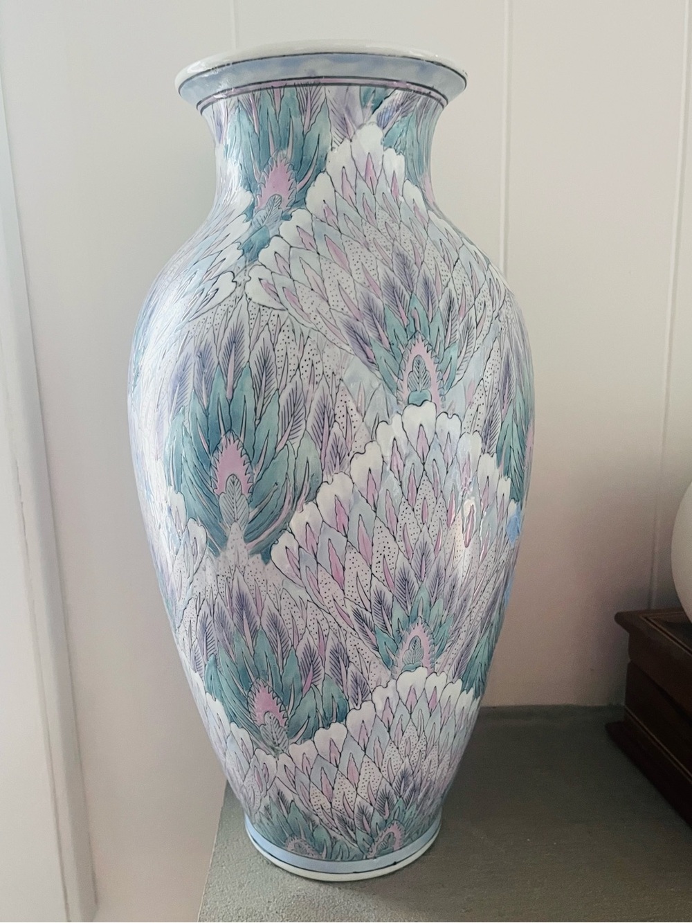 Vintage TOYO Large 15.5" Peacock Feather Pastel Porcelain Vase Neo Deco